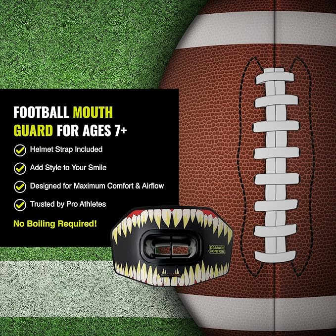 DAMAGE CONTROL Youth Football Mouth Guard – Breathable No Boil Mouthpiece, Protects Lips & Teeth, Works with Braces, Includes Helmet Strap – Sports Gear & Accessories (Symbite)