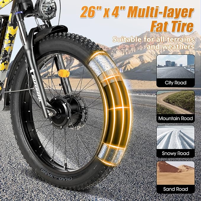 60V 26Ah Electric Bike for Adults 5000W, 60V Battery Ebike, 26"X4"Fat Tire Long Range Mountain Bike Full Suspension, Hydraulic Brake Electric Bicycle