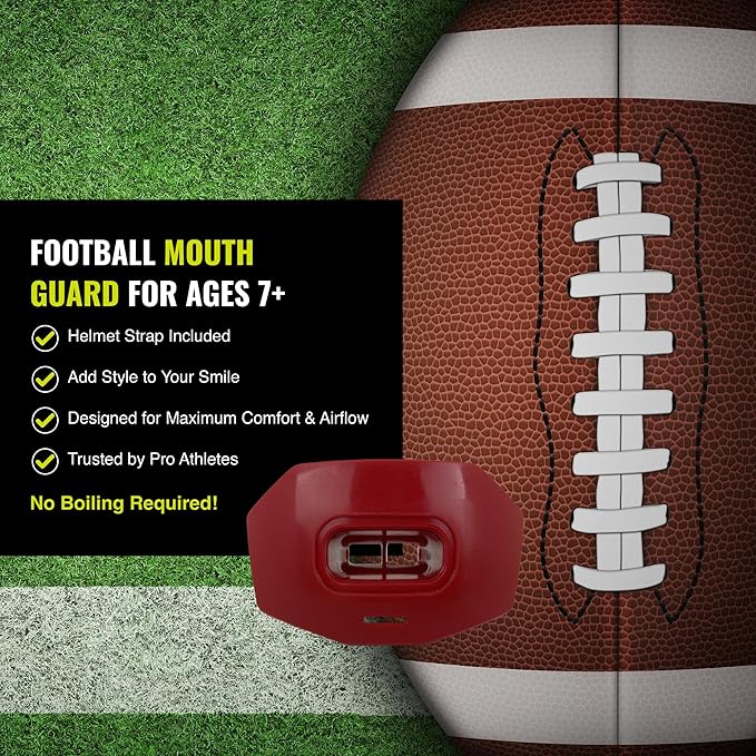 DAMAGE CONTROL Youth Football Mouth Guard – Breathable No Boil Mouthpiece, Protects Lips & Teeth, Works with Braces, Includes Helmet Strap – Sports Gear & Accessories (Red)