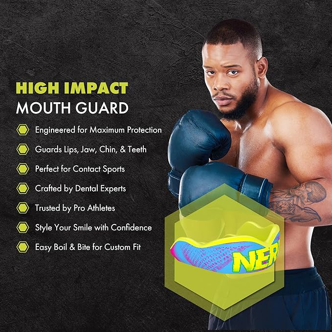 DAMAGE CONTROL High-Impact Mouth Guard – Sports Mouthguard for Boxing, Football, Hockey, Lacrosse & Basketball, Protects Teeth & Jaw, Protective Mouthpiece for Adults & Youth (Women, Nerd)