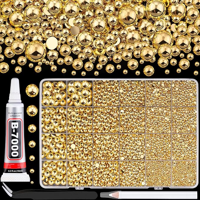 13500Pcs Flatback Pearls for Bedazzling (Gold) with B7000 Jewelry Glue, Assorted Size 2/3/4/5/6/8/10mm Half Pearl, Bedazzling Gems for Crafting Clothing Tumbler Shoes Embellishment Nail Art