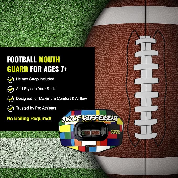 DAMAGE CONTROL Youth Football Mouth Guard – Breathable No Boil Mouthpiece, Protects Lips & Teeth, Works with Braces, Includes Helmet Strap – Sports Gear & Accessories (Built Different)