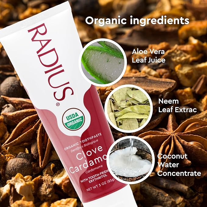 RADIUS USDA Organic Toothpaste 3oz Non Toxic Chemical-Free Gluten-Free Designed to Improve Gum Health & Prevent Cavity - Clove Cardamom - Pack of 2