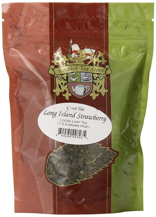 Long Island Strawberry Green Tea | Loose Leaf Sencha Style | Hunan China Green Tea with Sweet Strawberry Flavor and Dried Papaya Pieces | Refreshing Fruity Blend | 4oz Pouches