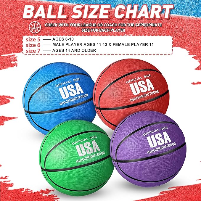 Libima 4 Pcs Rubber Basketball with Pump Official Size Indoor Outdoor Basketball Game Practice Training Kid Teen Women Men Streetbball Sport Gift Back to School