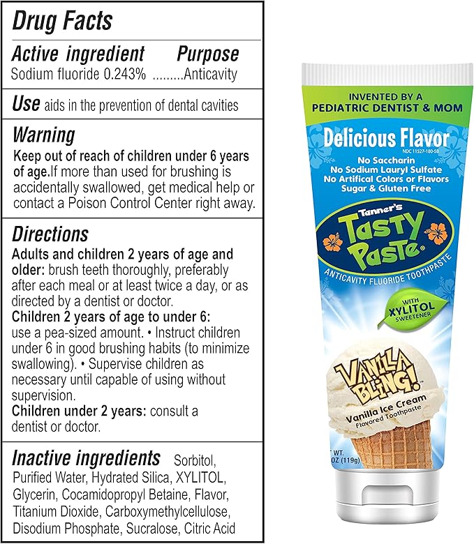 Tanner's Tasty Paste Vanilla Bling - Anticavity Fluoride Children’s Toothpaste/Great Tasting, Safe, and Effective Vanilla Flavored Toothpaste for Kids (4.2 oz.)