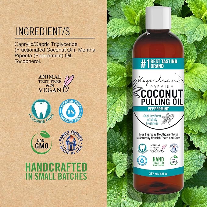 Kapuluan Coconut Oil Pulling for Teeth and Gums Mouthwash, 100% Pure and Natural, Non-GMO, Ayurvedic – Peppermint Pulling Oil
