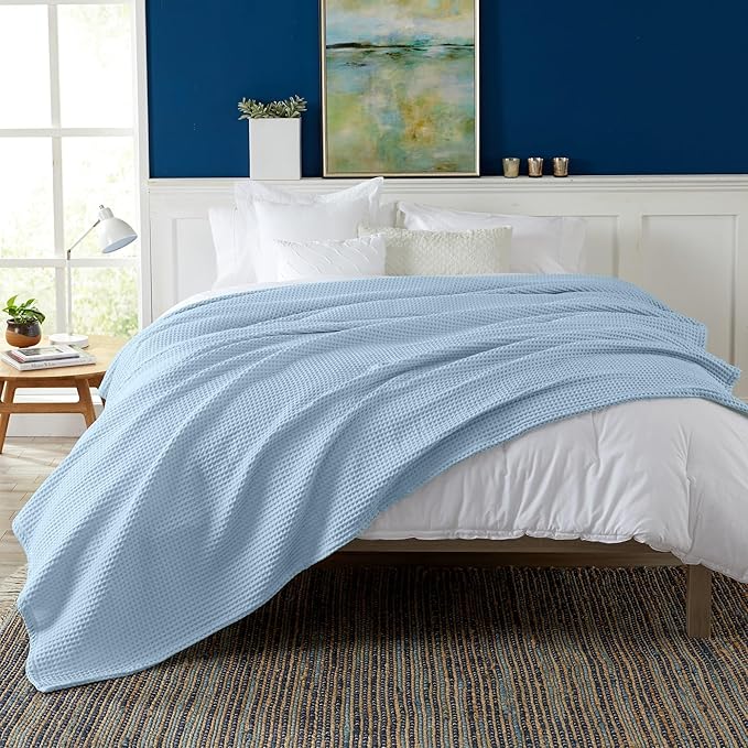 100% Cotton Waffle Weave Queen Bed Blanket | Soft, Breathable, and Lightweight Blanket for All-Seasons | Perfect for Layering | Brielle Collection (Full/Queen, Sky Blue)