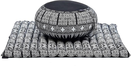 Leewadee Meditation Cushion Set – 1 Round Zafu Meditation Pillow and 1 Square Roll-Up Zabuton Meditation Mat, Pillows Bundle Filled with Kapok