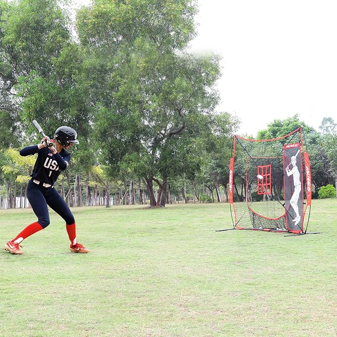 7'X7' Baseball Softball Practice Net,Pitching Net,Batting Net,with Baseball Tee,Bonus Strike Zone and Bow Frame,for Hitting,Pitching, Catching