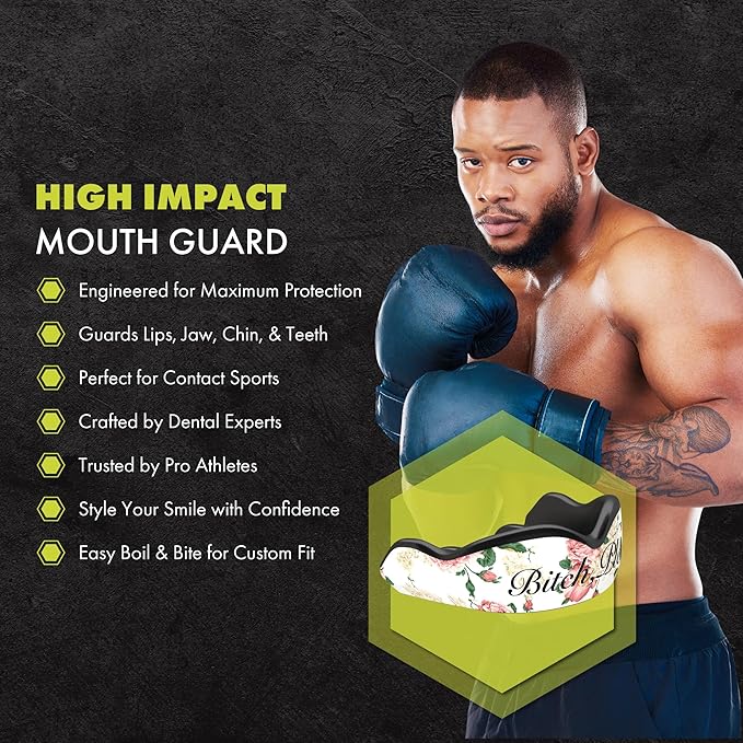 DAMAGE CONTROL High-Impact Mouth Guard – Sports Mouthguard for Boxing, Football, Hockey, Lacrosse & Basketball, Protects Teeth & Jaw, Protective Mouthpiece for Adults & Youth (Adult, B*tch Please 2.0)