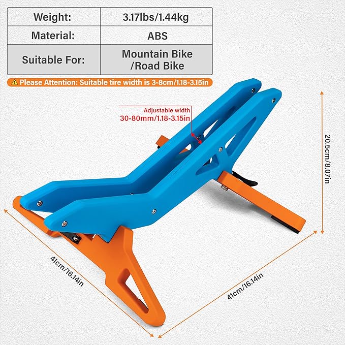 Adjustable Bike Parking Stand Fits 16-29 Inch Bicycles, Compatible with 23c-3.0 Tire Width – Heavy-Duty Plastic, Easy Installation, Stylish Two-Tone Design (Blue&Orange)