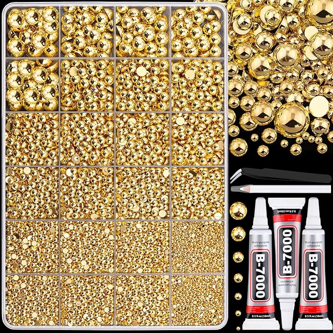 13500Pcs Flatback Pearls for Bedazzling (Gold) with 3Pcs B7000 Jewelry Glue, Assorted Size 2/3/4/5/6/8/10mm Half Pearl, Bedazzling Gems for Crafting Clothing Tumbler Shoes Embellishment Nail Art
