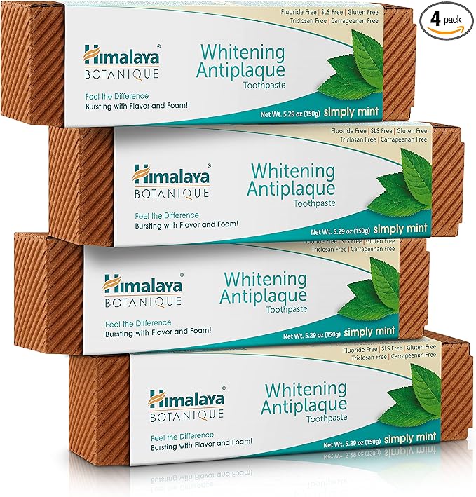 Himalaya Botanique Whitening Complete Care Toothpaste, Teeth Whitening, Fights Plaque, Fluoride Free, No Artificial Flavors, SLS Free, Cruelty Free, Foaming, Simply Mint Flavor, 5.29 Oz, 4 Pack