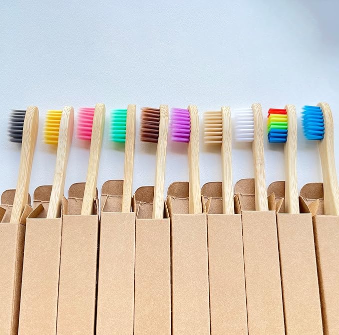 10 Color Kids Bamboo Toothbrushes | BPA Free Soft Bristles Wooden Toothbrushes | Eco-Friendly Biodegradable & Compostable Charcoal Toothbrushes - Economy Family Pack