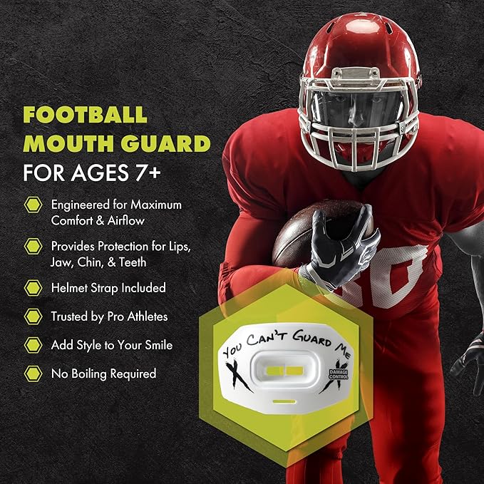 DAMAGE CONTROL Youth Football Mouth Guard – Breathable No Boil Mouthpiece, Protects Lips & Teeth, Works with Braces, Includes Helmet Strap – Sports Gear & Accessories (You Can't Guard Me)