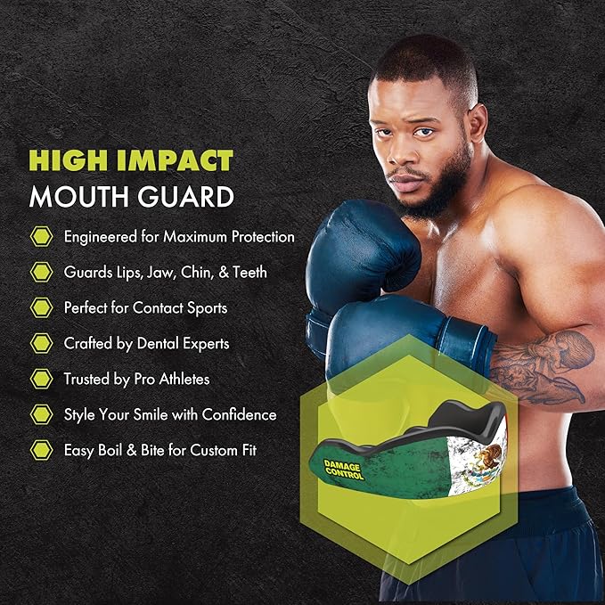 DAMAGE CONTROL High-Impact Mouth Guard – Sports Mouthguard for Boxing, Football, Hockey, Lacrosse & Basketball, Protects Teeth & Jaw, Protective Mouthpiece for Adults & Youth (Adult, Mexican Flag)