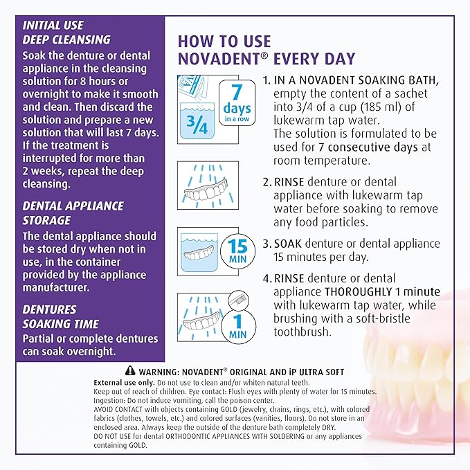 Novadent Dentures Cleaner – for Denture on implants, Denture Soft Liner and Orthodontic Appliance Without Soldering - 6 Months (26 sachets)