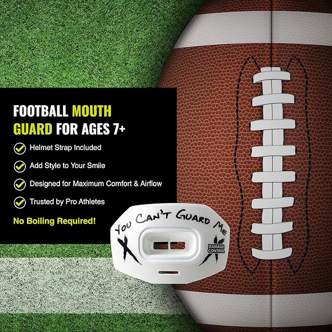 DAMAGE CONTROL Youth Football Mouth Guard – Breathable No Boil Mouthpiece, Protects Lips & Teeth, Works with Braces, Includes Helmet Strap – Sports Gear & Accessories (You Can't Guard Me)