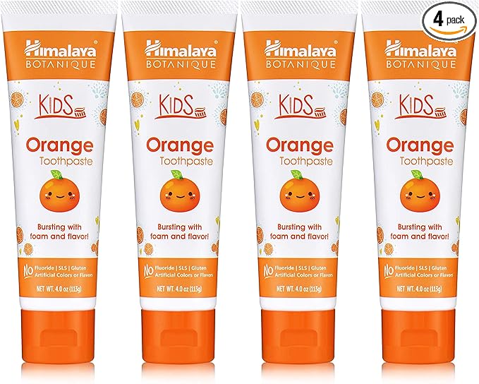 Himalaya Botanique Kids Toothpaste, Herbal, Orange Flavor, Fights Plaque, Fluoride Free, Gentle, No Artificial Flavors or Colors, SLS Free, Gluten Free, Cruelty Free, Vegan, Foaming, 4 Oz, 4 Pack…