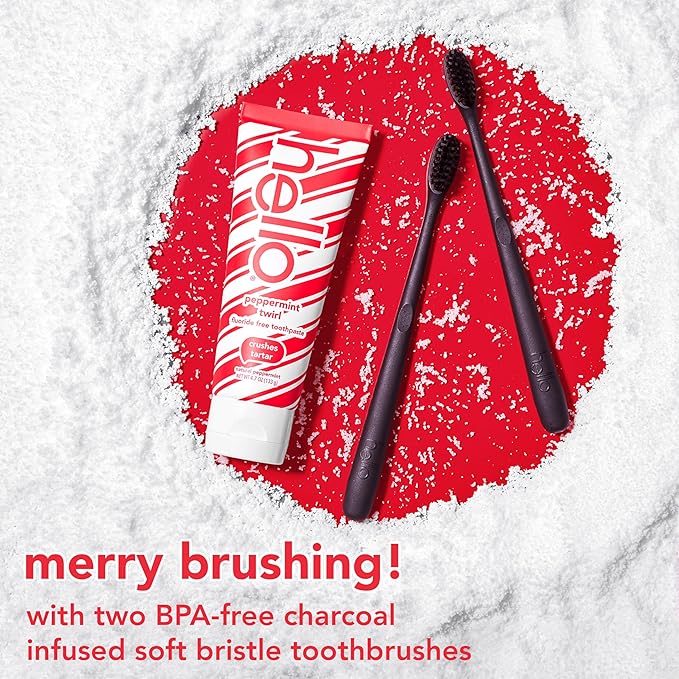 Hello Fluoride Free Toothpaste and Soft Charcoal Toothbrush Adult Stocking Stuffer Kit, Holiday Gift Set, Black Toothbrushes, Mint Toothpaste, SLS Free, Crushes Tartar