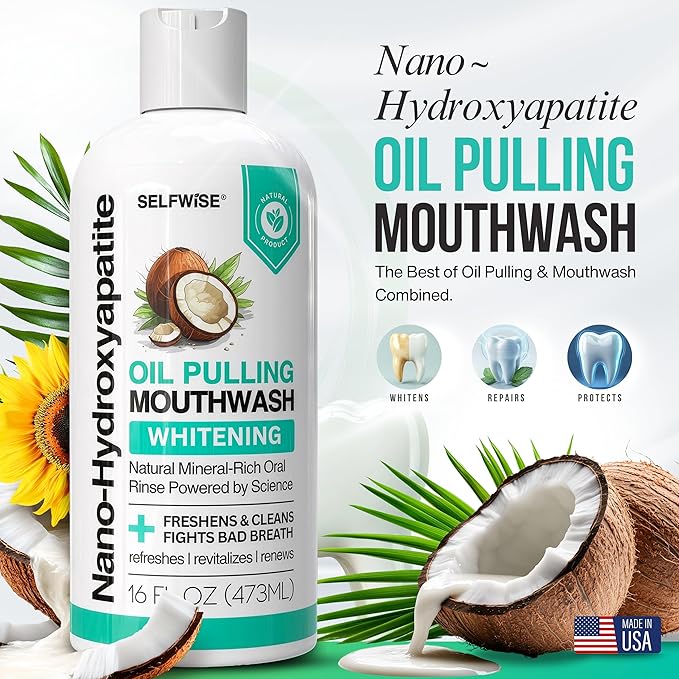 Nano-Hydroxyapatite Oil Pulling Whitening Mouthwash for Teeth and Gums, Natural & Organic, Whitens Teeth, Strengthens Enamel, Fights Bad Breath & Plaque – Smooth & Non-Greasy – for Adults - 16oz