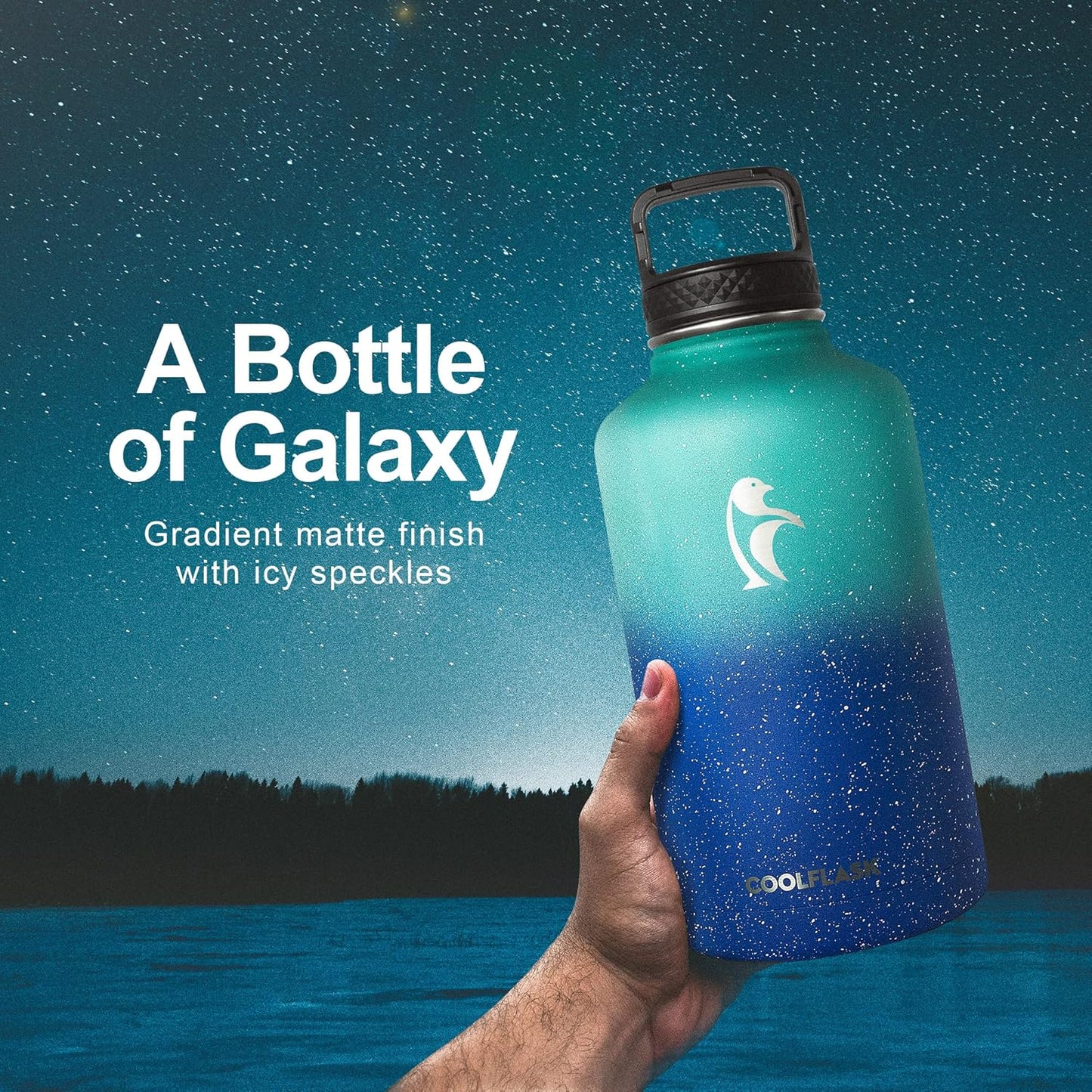 64 oz Water Bottle Insulated with Straw&3 Lids, Coolflask Half Gallon Water Jug Galaxy Large Metal Stainless Steel Vacuum Flask for Gym, Sports, Keep Cold 48H Hot 24H, Glacier Blue