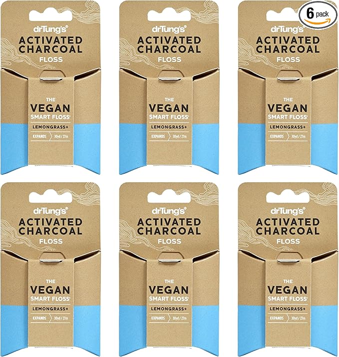 DrTung's Vegan Activated Charcoal Floss - Natural Floss, PTFE & PFAS Free, Gentle on Gums, Expands & Stretches, BPA Free- Natural Dental Floss Lemongrass Flavor (Pack of 6)