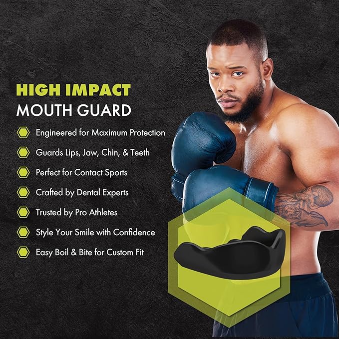 DAMAGE CONTROL High-Impact Mouth Guard – Sports Mouthguard for Boxing, Football, Hockey, Lacrosse & Basketball, Protects Teeth & Jaw, Protective Mouthpiece for Adults & Youth (Adult, Black 2.0)