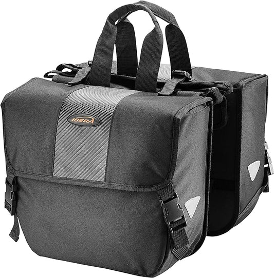 Ibera Adjustable Bicycle Bag (Pair) with Quick Release/Clip-On System - Water Resistant Bike Saddle Bags For Rear Rack with & 19.8 lbs Capacity Each - Saddle Bag Bicycle Fits Most Racks (Black)
