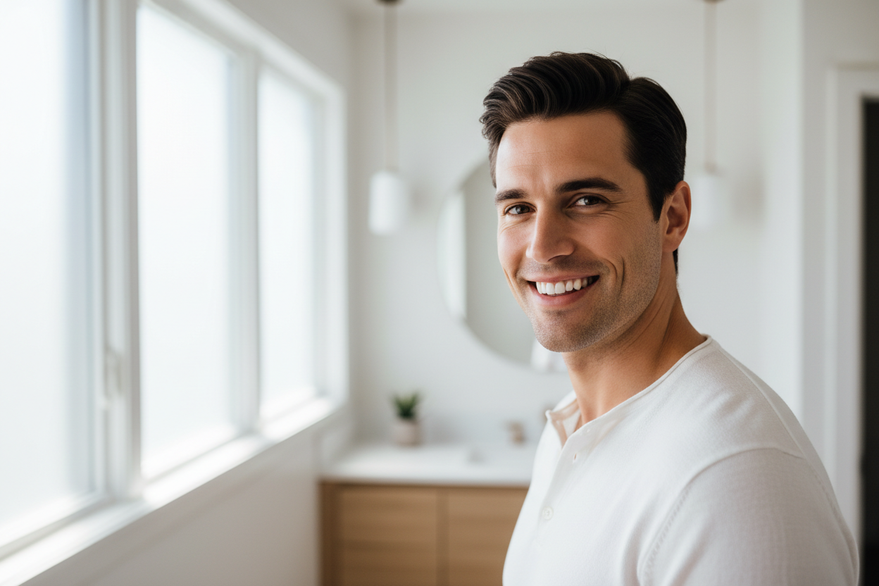 with the guy model with smile